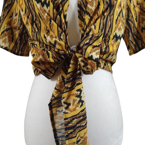 W Southwest Aztec Western Yellow Brown Front Tie CropTop Shirt NWT S Wrap VNeck - Picture 3 of 8